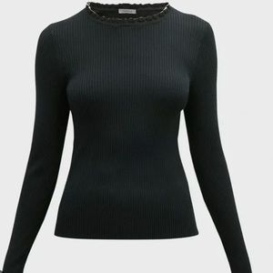 Marella Rica Ribbed Ruffle Trim Knitted Fabric Crew Neck sweater Black Size XL